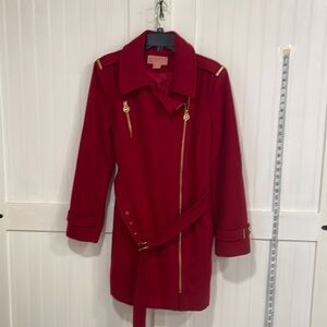 MICHAEL Michael Kors Red Wool-Blend Pea Coat with Gold Hardware